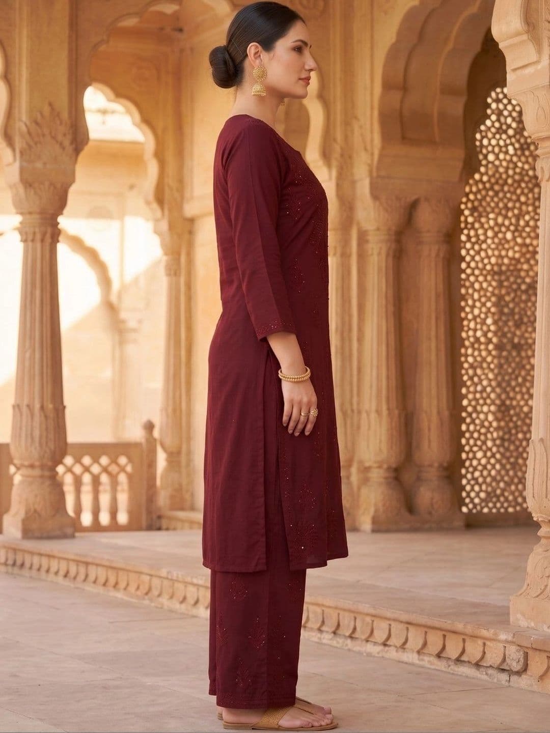 Fashion Chikan Art Women Ethnic Motifs Embroidered Regular Thread Work Kurta with Palazzos thumbnail 6