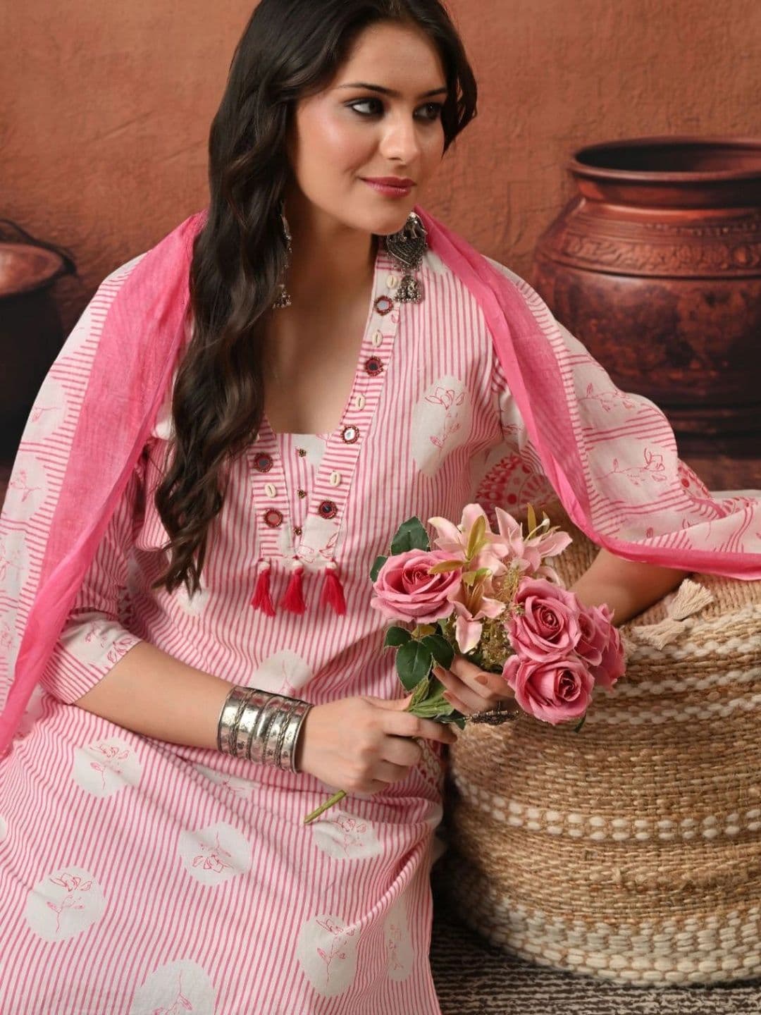 Encourage Women Printed Regular Mirror Work Pure Cotton Kurta with Trousers & With Dupatta thumbnail 5