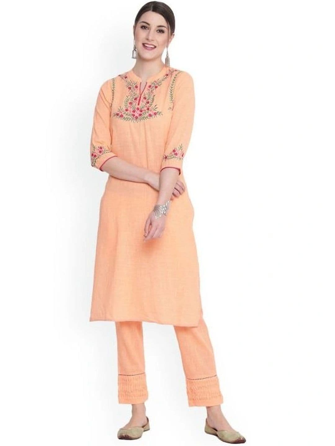 SAVI Women Ethnic Motifs Embroidered Regular Thread Work Pure Cotton Kurta with Trousers - view 1