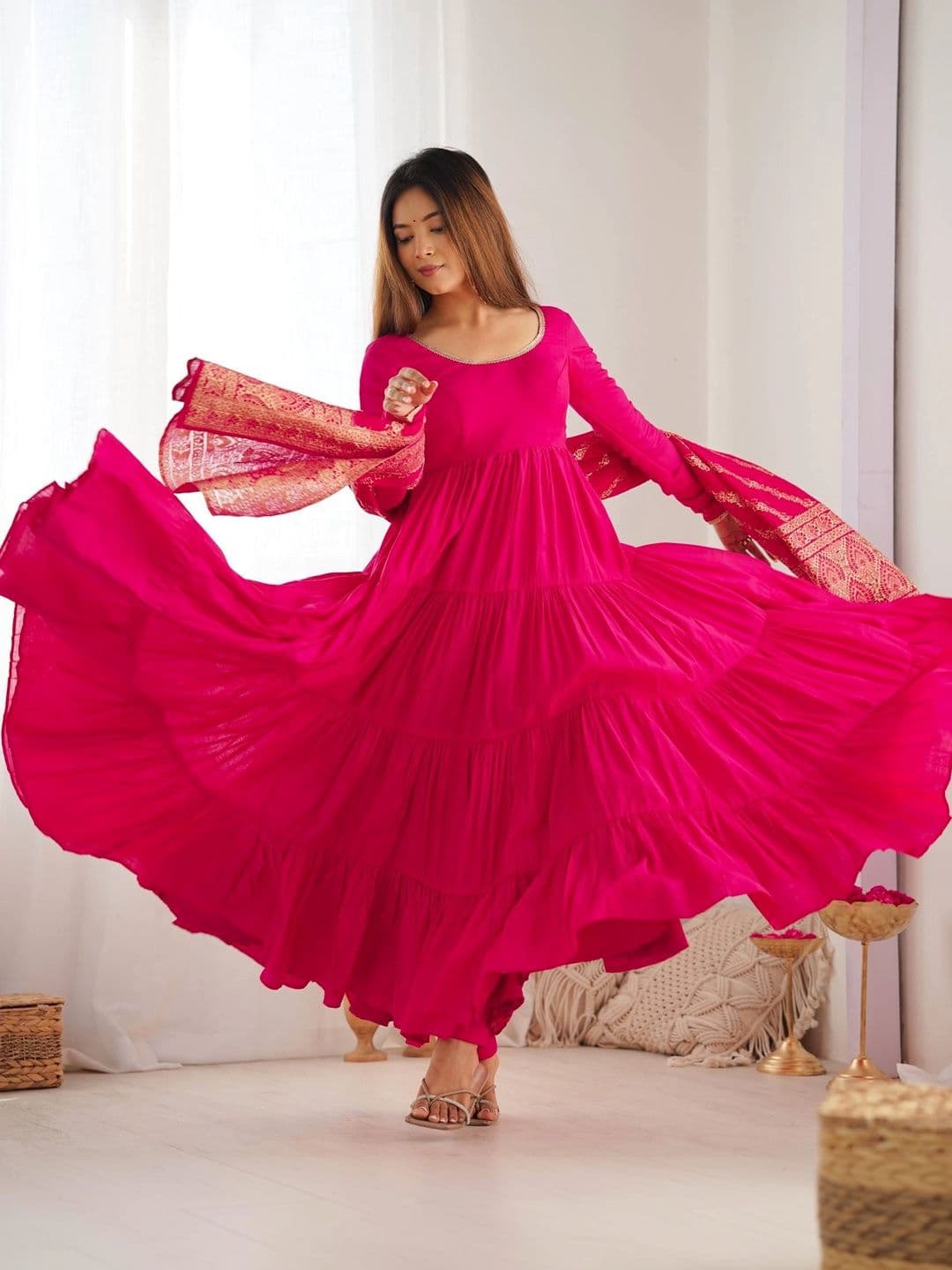 VASTRABELLA Women Tiered Chanderi Silk Kurta With Dupatta thumbnail 6