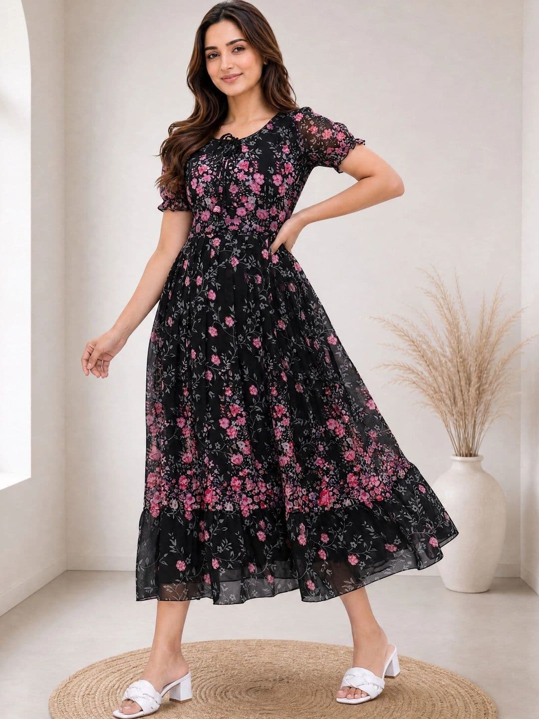 QENA Floral Print Puff Sleeve Georgette A-Line Midi Dress thumbnail 5