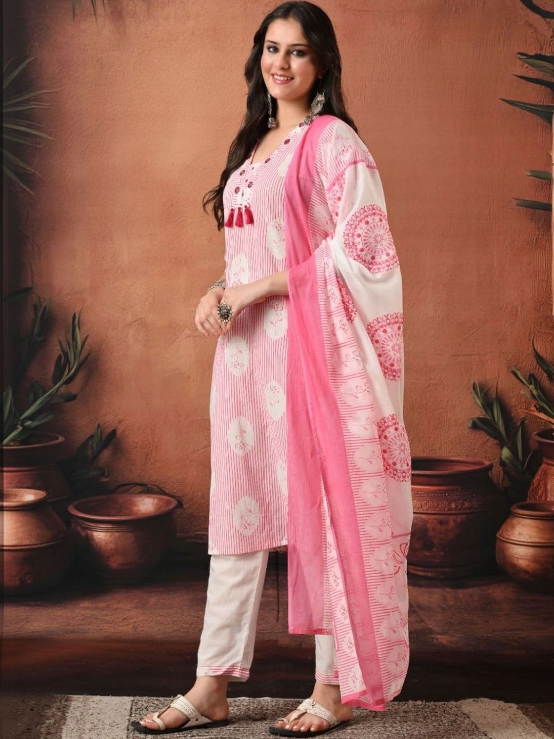Encourage Women Printed Regular Mirror Work Pure Cotton Kurta with Trousers & With Dupatta thumbnail 6