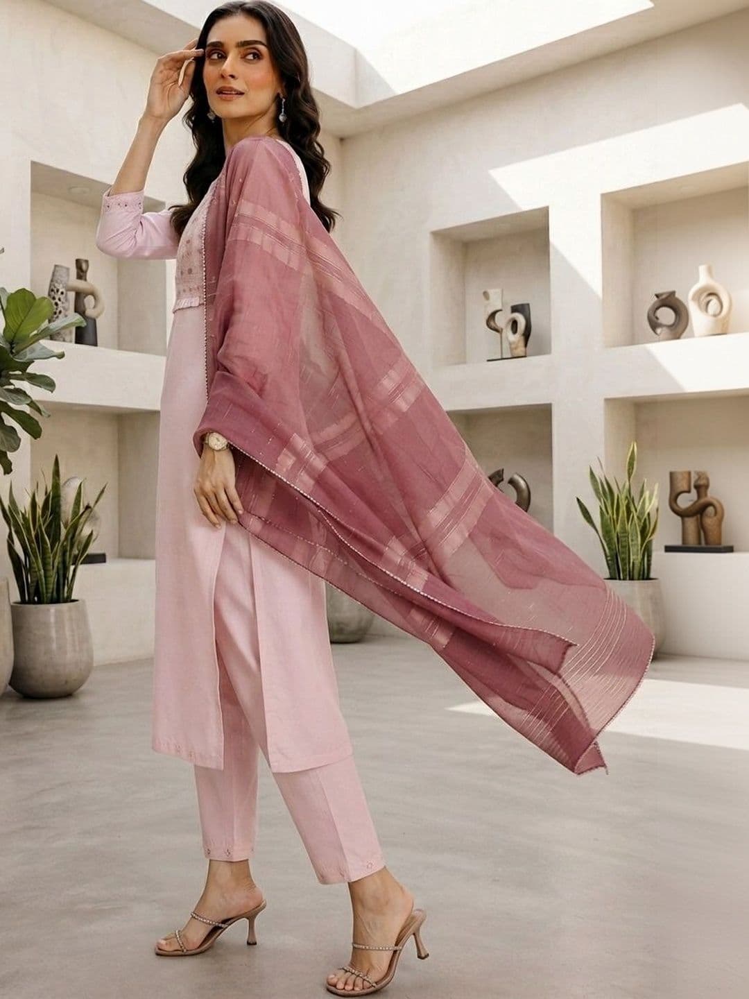 KALINI Women Ethnic Motifs Embroidered Regular Thread Work Chanderi Cotton Kurta with Trousers & With Dupatta thumbnail 4