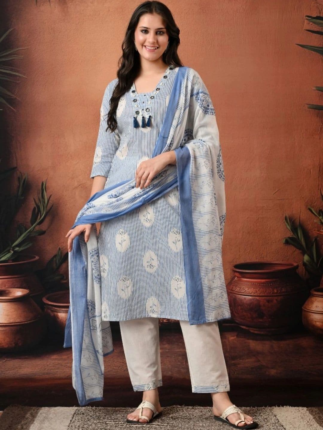 Encourage Women Ethnic Motifs Printed Regular Mirror Work Kurta with Trousers & With Dupatta - view 1