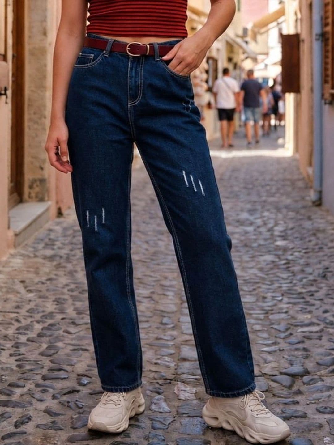 Style Quotient Women Classic Relaxed Fit High-Rise Low Distress Light Fade Jeans - view 1