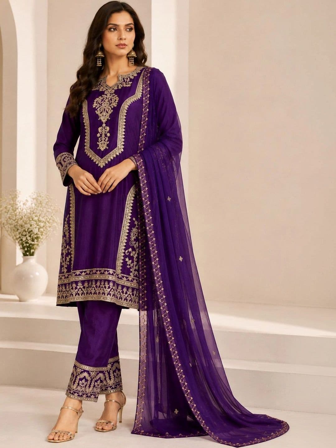 Mitera Women Ethnic Motifs Embroidered Regular Kurta with Trousers & With Dupatta thumbnail 2