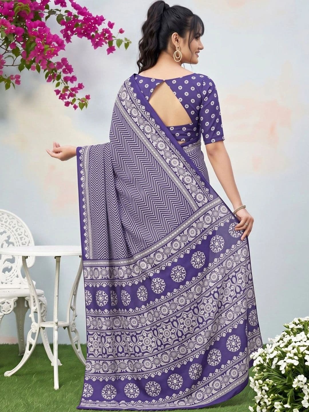 KALINI Ajrak Block Silk Blend Designer Block Print Saree thumbnail 3