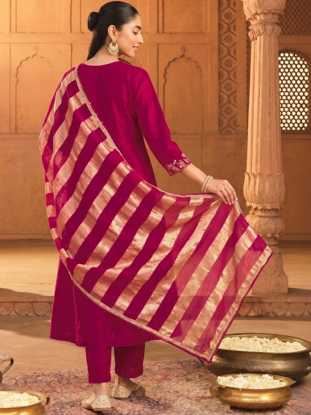 SMITSAREE Women Ethnic Motifs Embroidered Regular Kurta with Trousers & With Dupatta thumbnail 6