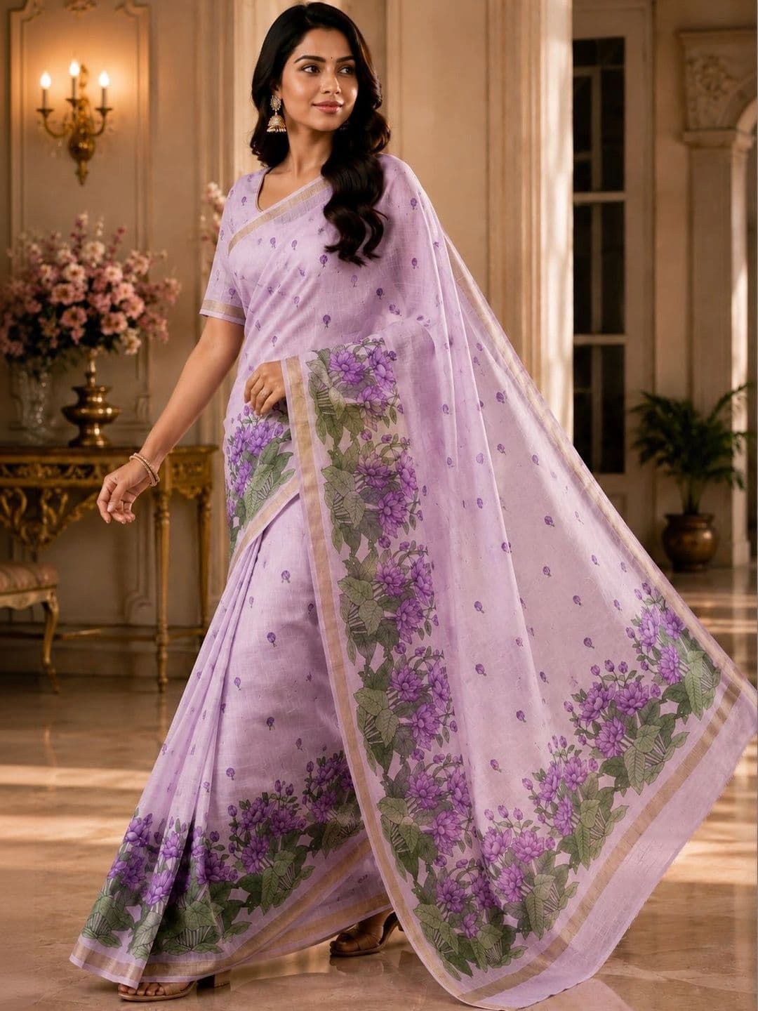 PMD Fashion Floral Pure Linen Handloom Saree thumbnail 2