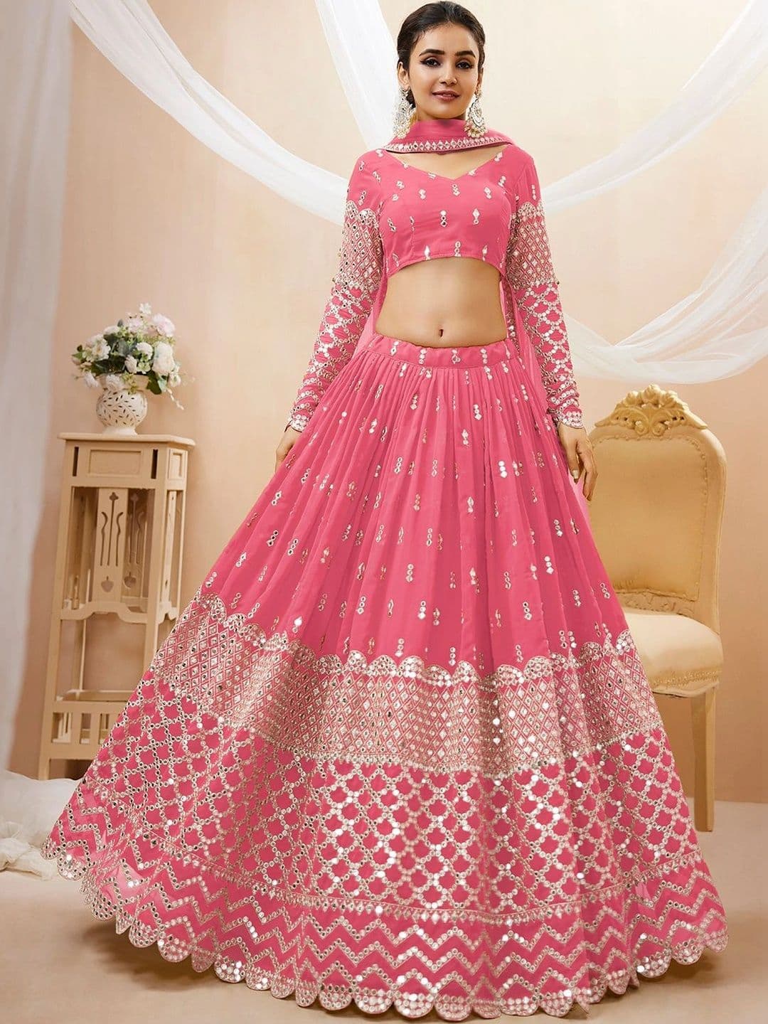 Zeel Clothing Embellished Mirror Work Semi-Stitched Lehenga & Unstitched Blouse With Dupatta thumbnail 4