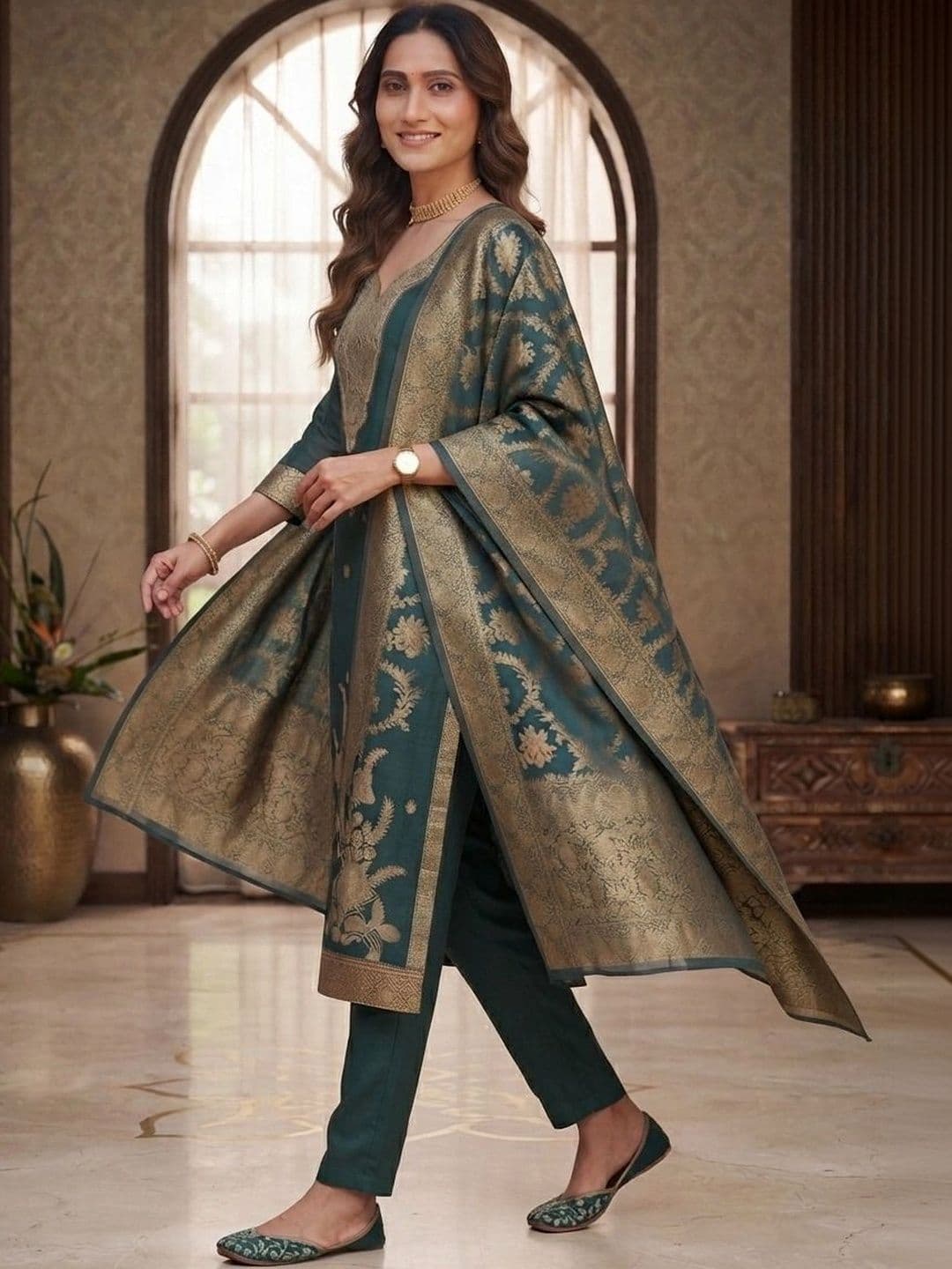 Mitera Women Ethnic Motifs Embroidered Regular Chanderi Silk Kurta with Trousers & With Dupatta thumbnail 4