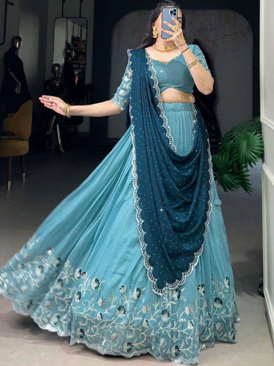 BLUSH STREET Embellished Sequinned Semi-Stitched Lehenga & Blouse With Dupatta - view 1
