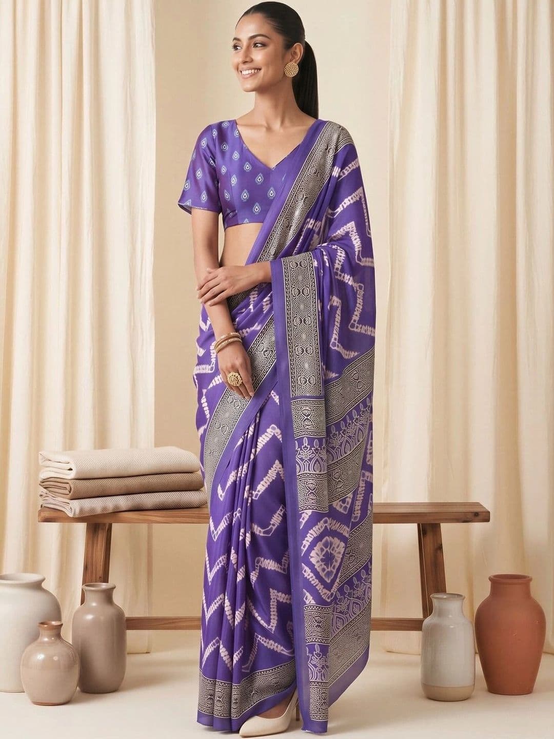 Saree mall Batik Satin Designer Block Print Sarees thumbnail 4