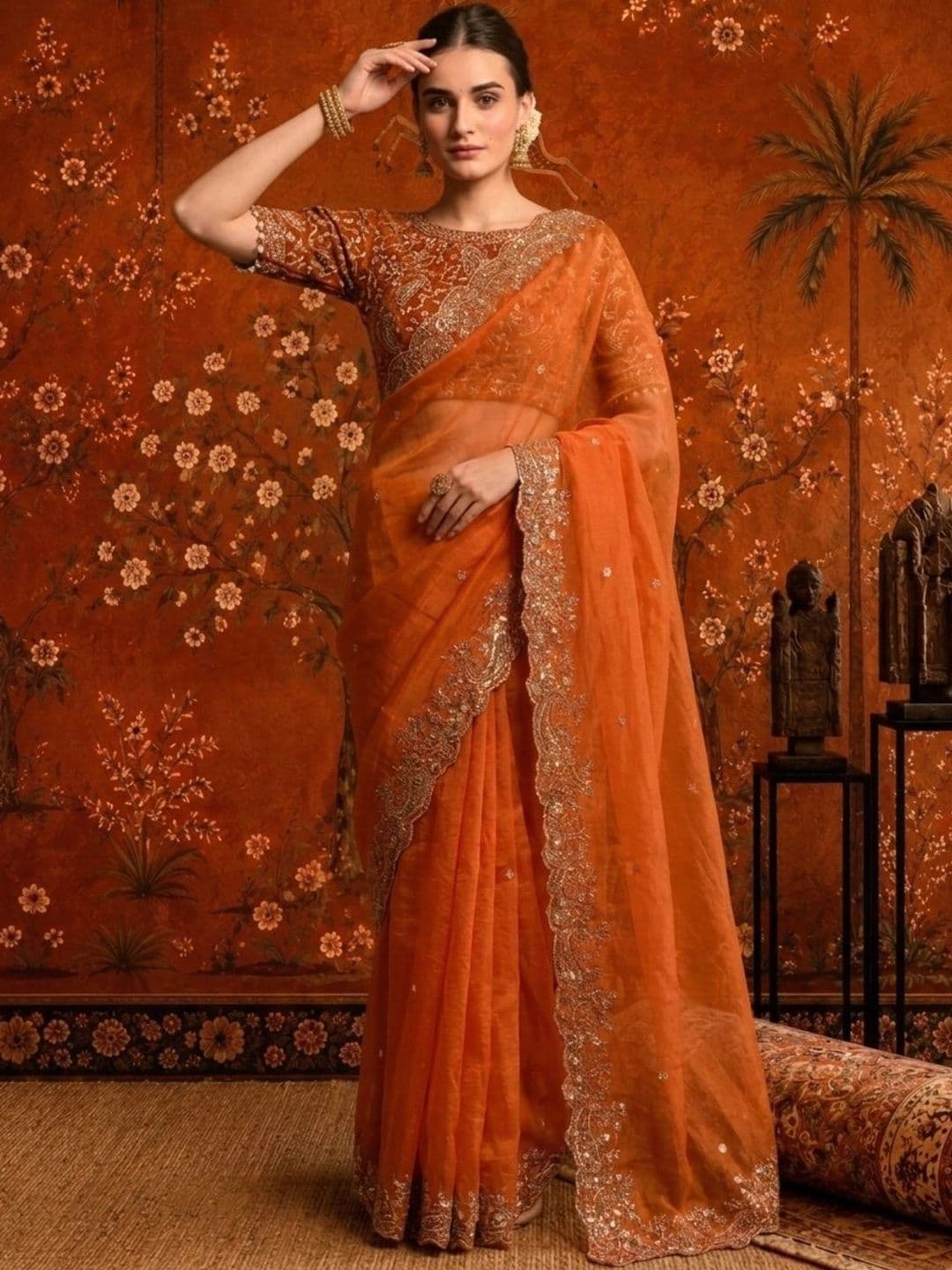 Sangria Embellished Embroidered Satin Saree thumbnail 6