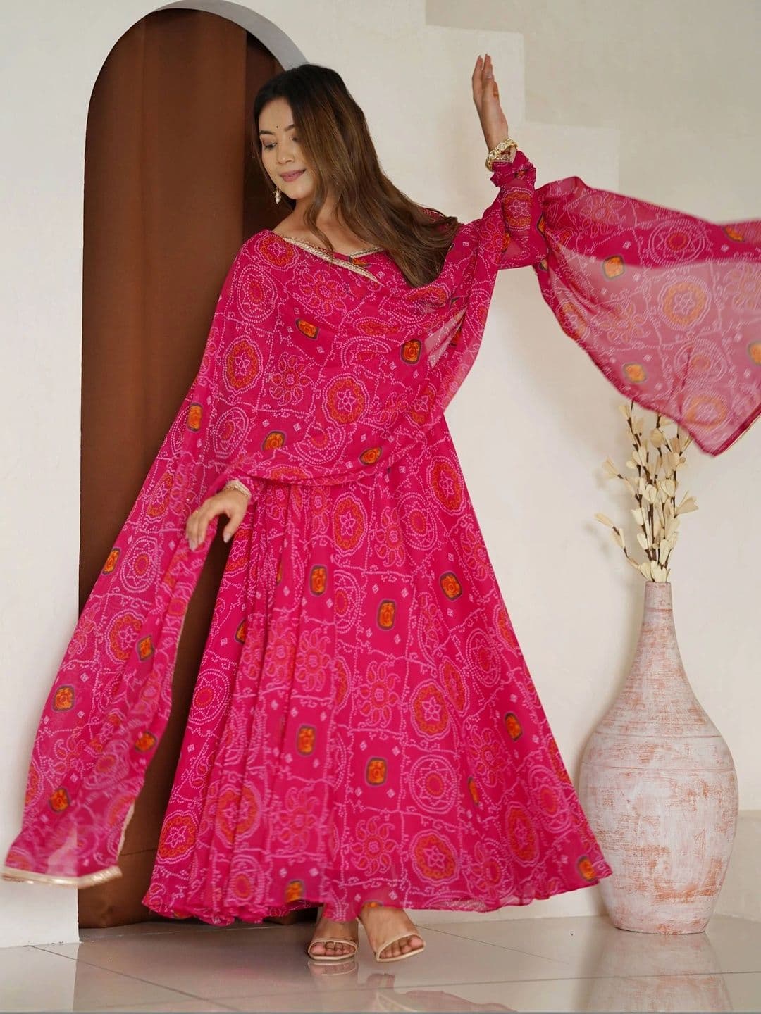 VASTRABELLA Women Bandhani Printed Tiered Silk Chiffon Kurta with Palazzos & With Dupatta thumbnail 5