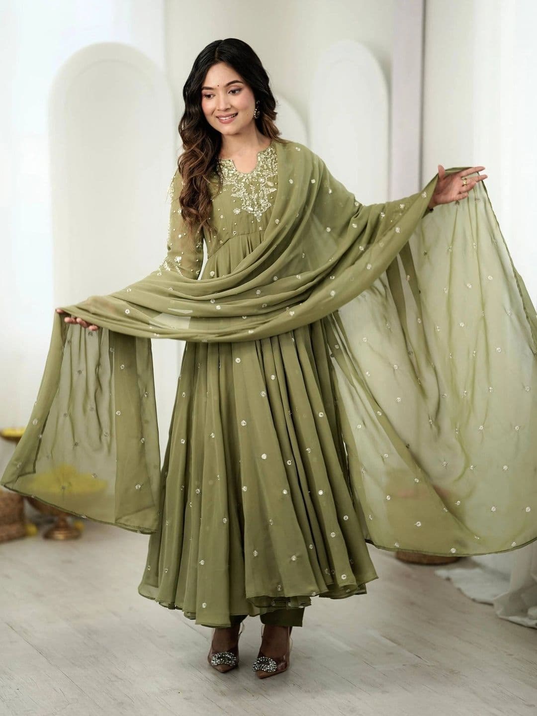 VASTRABELLA Women Ethnic Motifs Embroidered Empire Sequinned Silk Georgette Kurta with Trousers & With - view 1