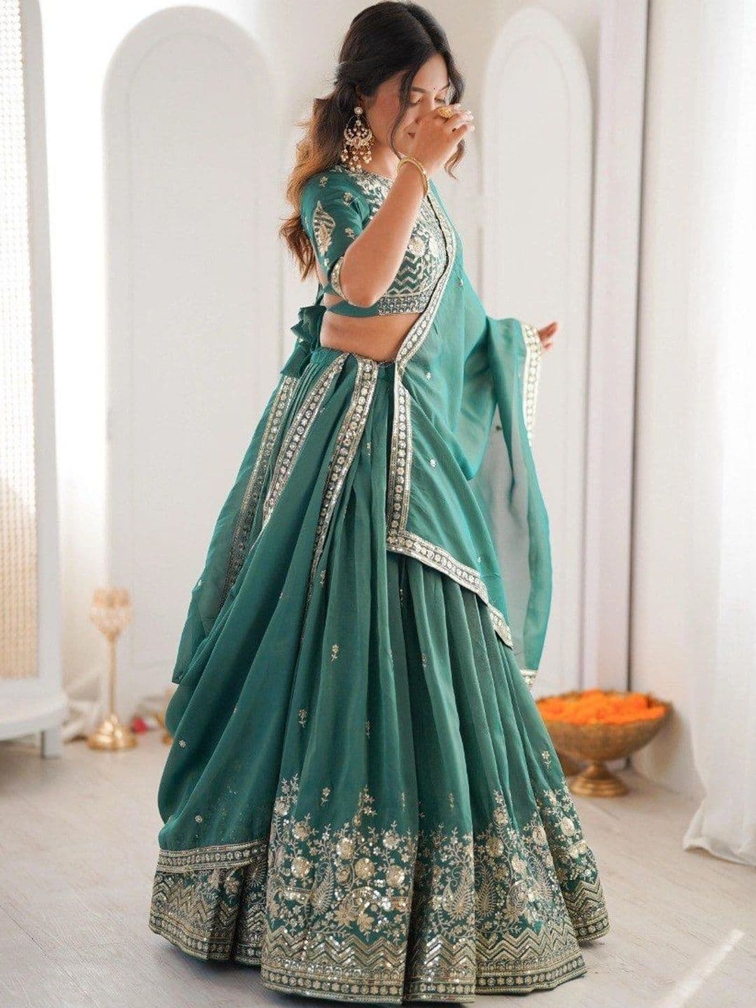BLUSH STREET Embellished Sequinned Semi-Stitched Lehenga & Blouse With Dupatta thumbnail 4