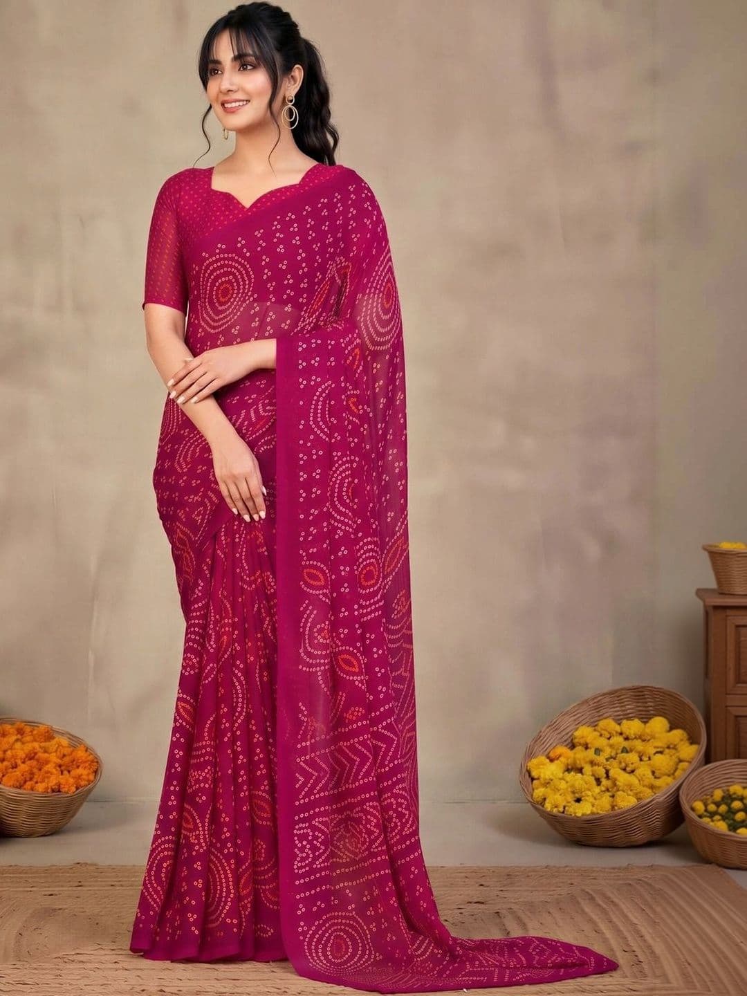 KALINI Bandhani Poly Chiffon Designer Bandhani Saree thumbnail 3