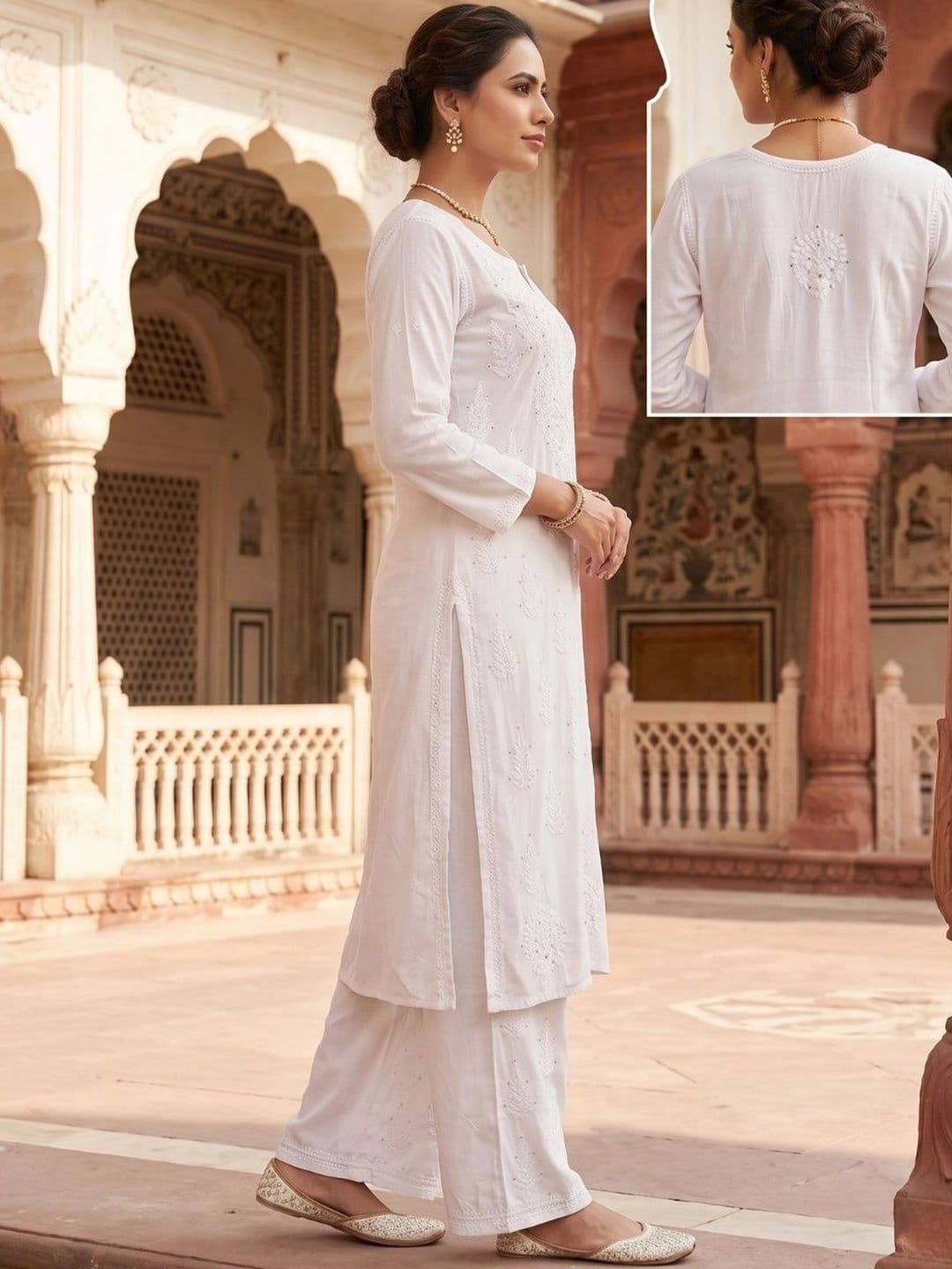 Fashion Chikan Art Women Ethnic Motifs Embroidered Regular Thread Work Kurta with Palazzos thumbnail 6