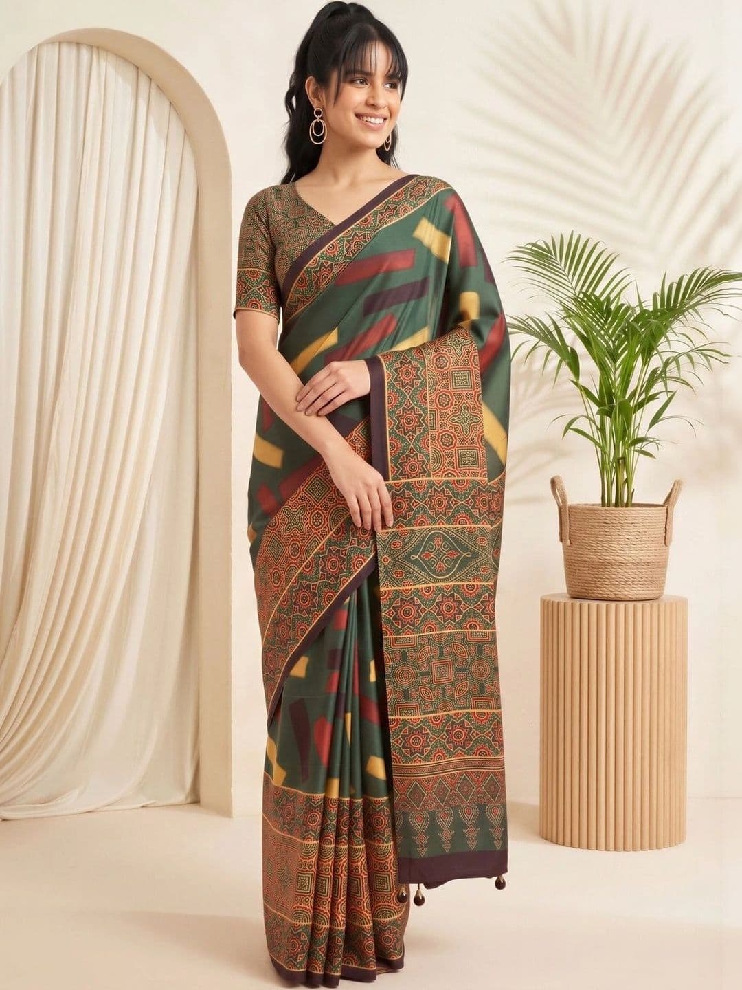Saree mall Ethnic Motifs Silk Blend Designer Block Print Sarees thumbnail 5