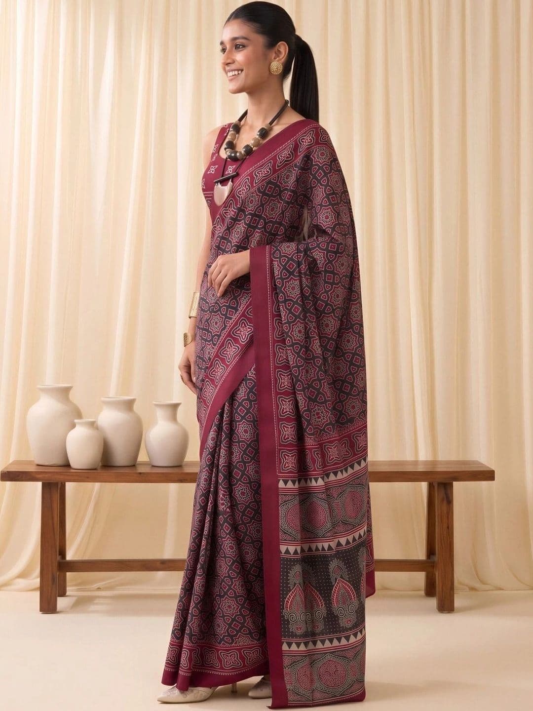 Saree mall Ajrak Block Poly Crepe Designer Block Print Sarees thumbnail 2