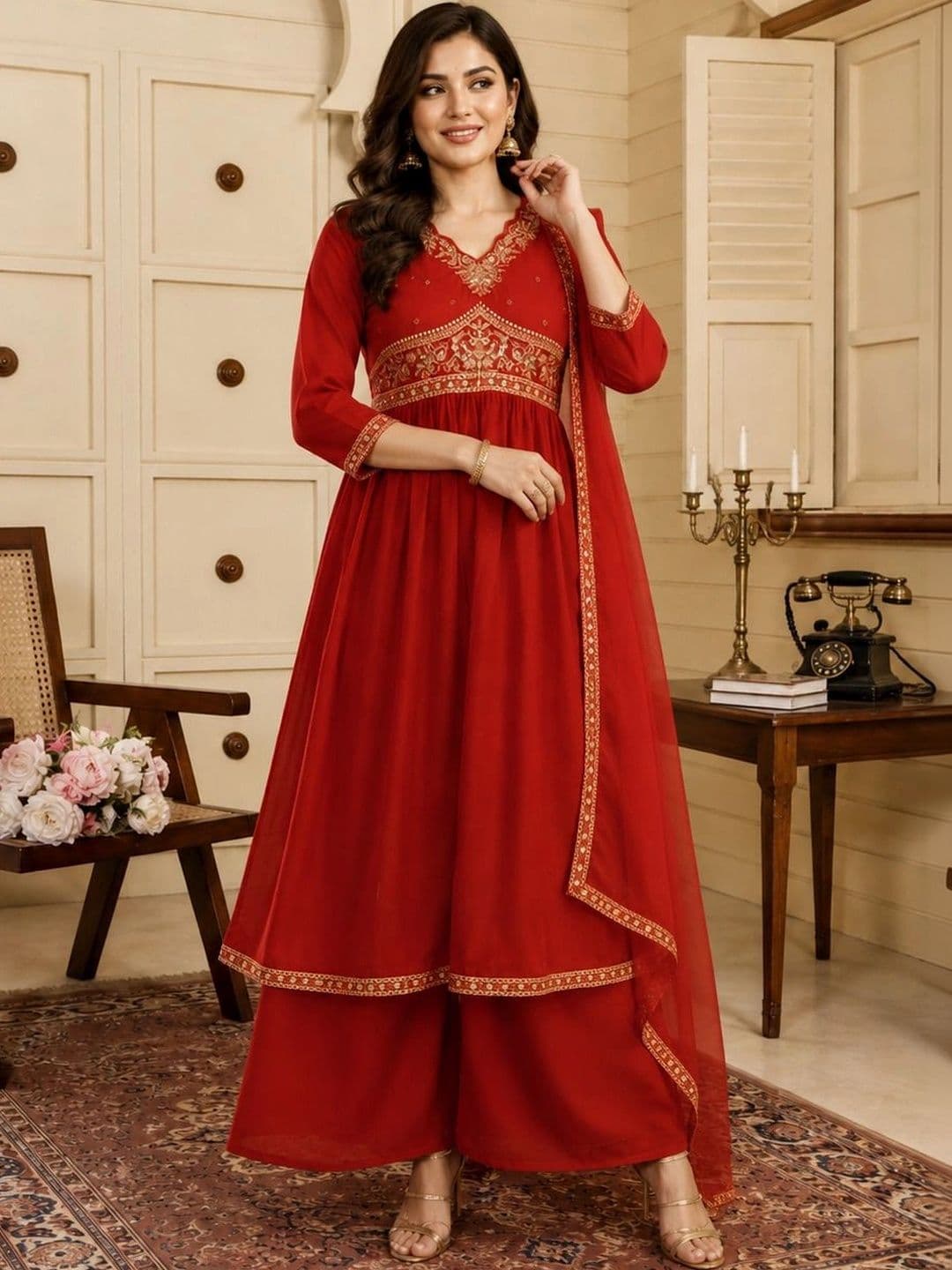 Mitera Women Ethnic Motifs Embroidered Empire Kurta with Palazzos & With Dupatta - view 1