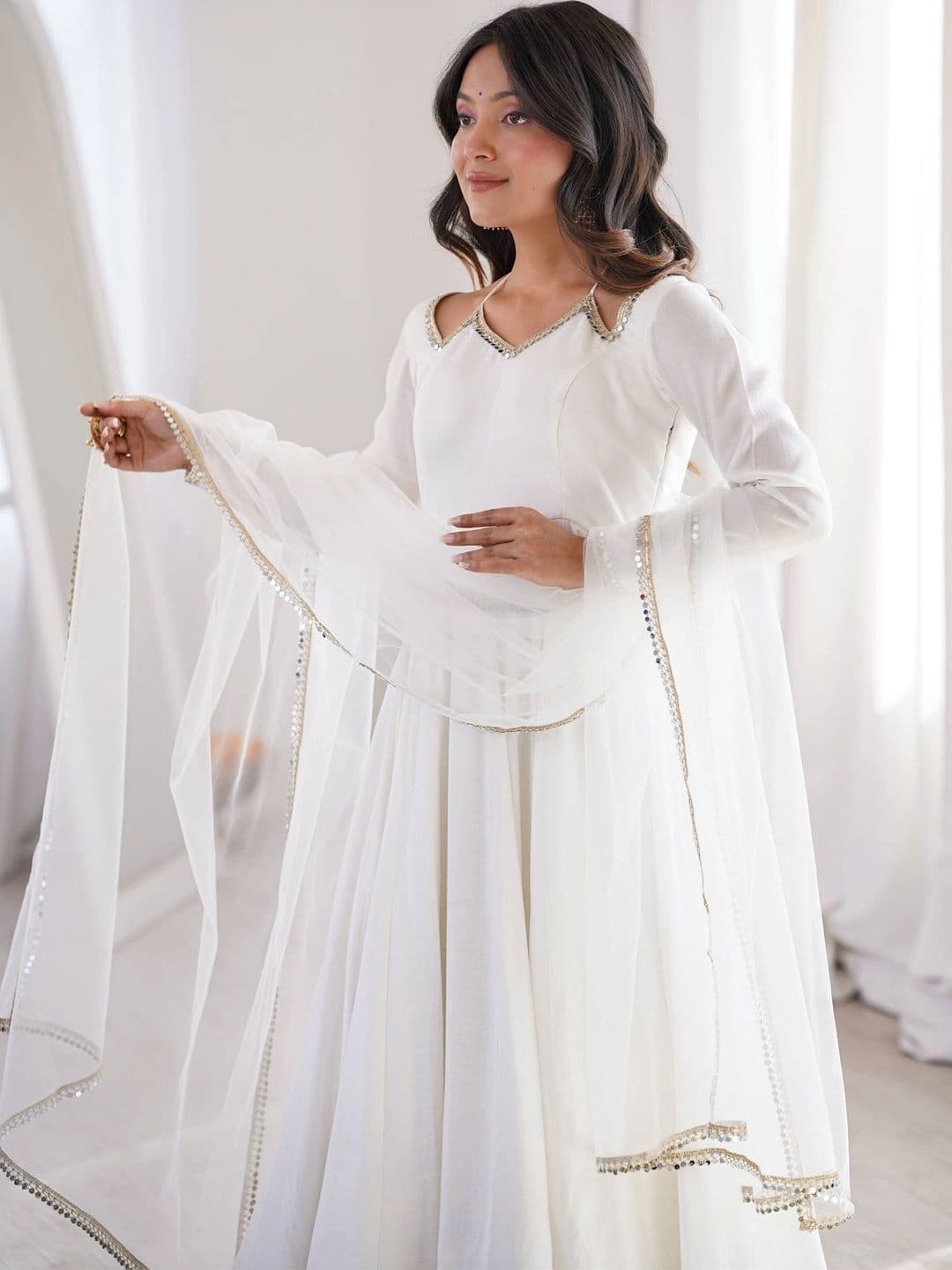 VASTRABELLA Women Empire Mirror Work Chanderi Silk Kurta with Trousers & With Dupatta thumbnail 2