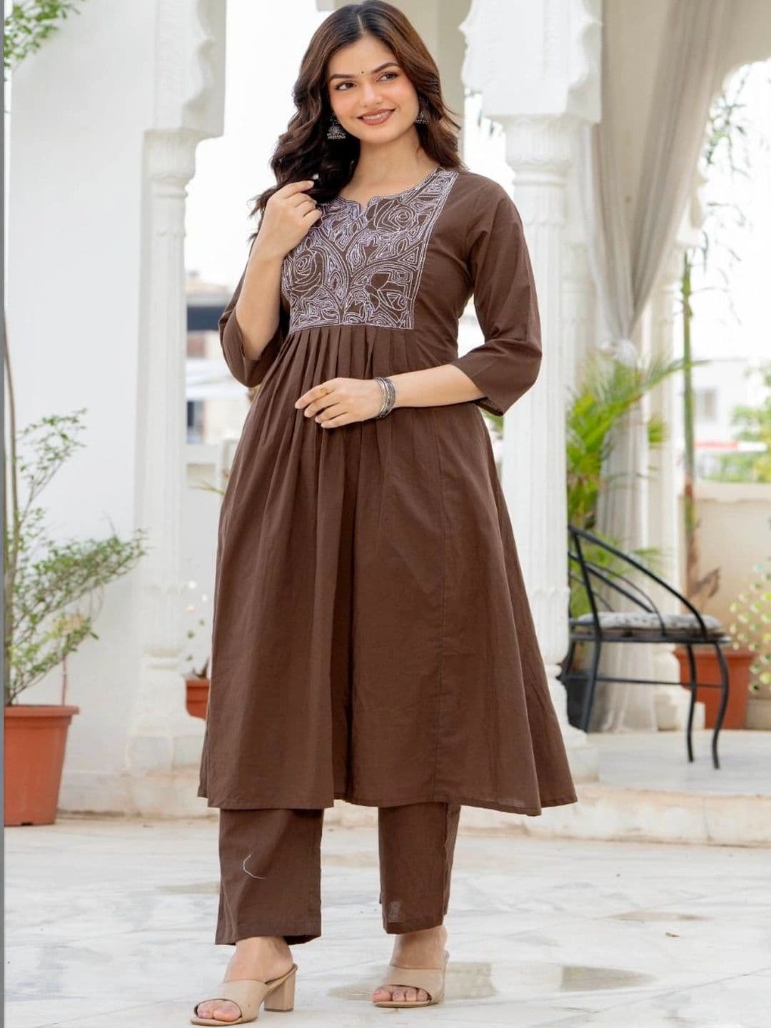 HERE&NOW Women Ethnic Motifs Embroidered Pleated Thread Work Pure Cotton Kurta with Trousers & With Dupatta thumbnail 4