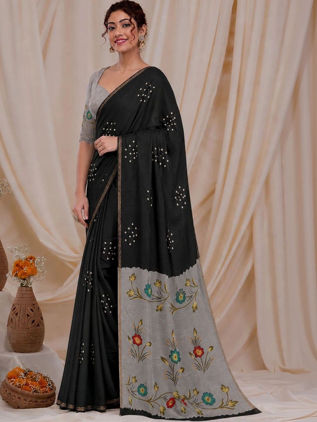 RegalDrapes Floral Patchwork Bandhani Saree thumbnail 2