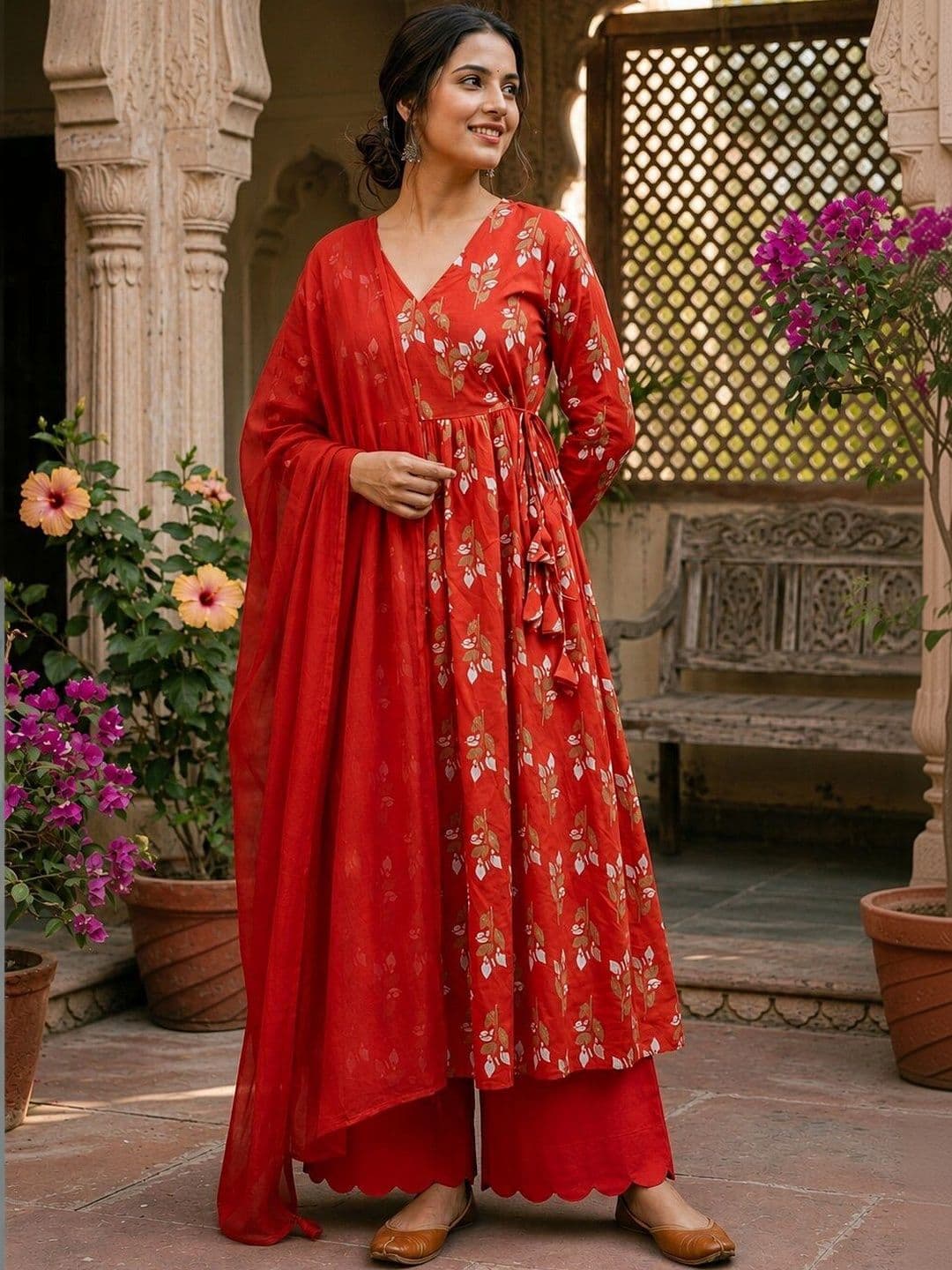 Anouk Women Floral Printed Angrakha Pure Cotton Kurta with Palazzos & With Dupatta - view 1