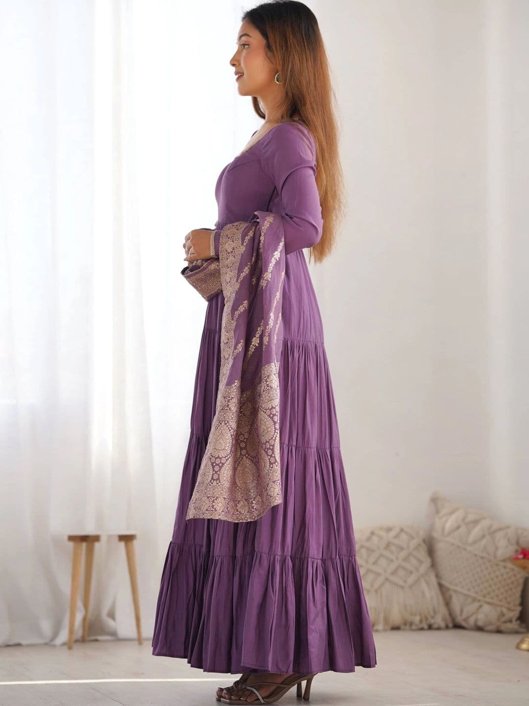 VASTRABELLA Women Tiered Chanderi Silk Kurta with Trousers & With Dupatta thumbnail 5