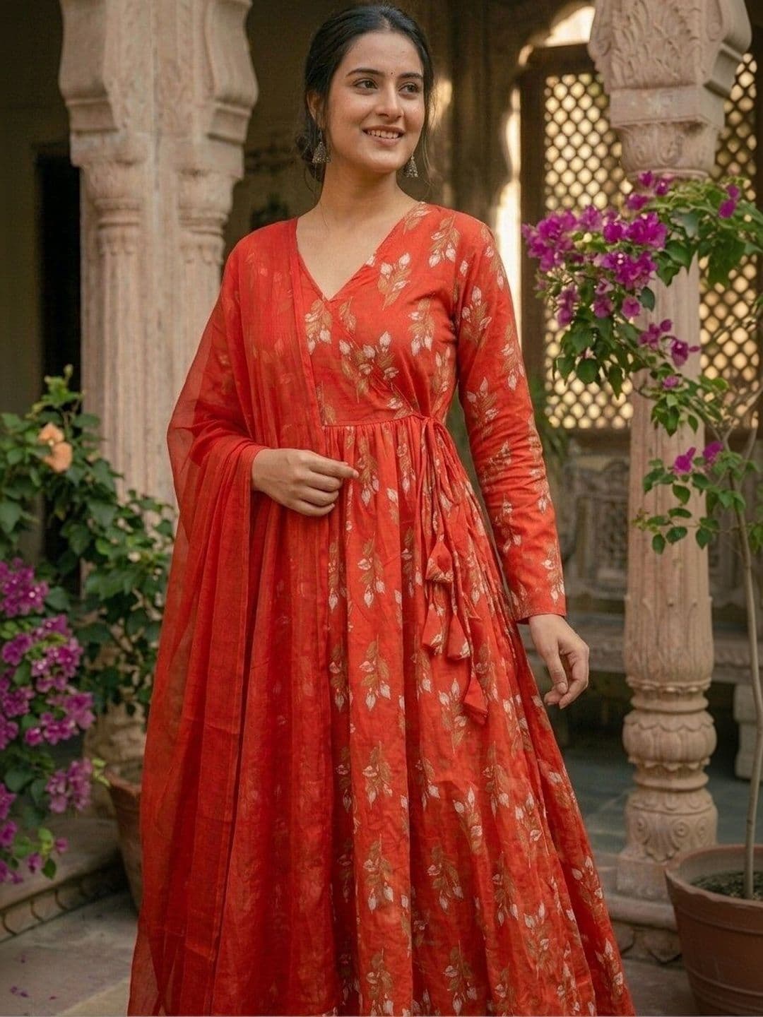 Anouk Women Floral Printed Angrakha Pure Cotton Kurta with Palazzos & With Dupatta thumbnail 4