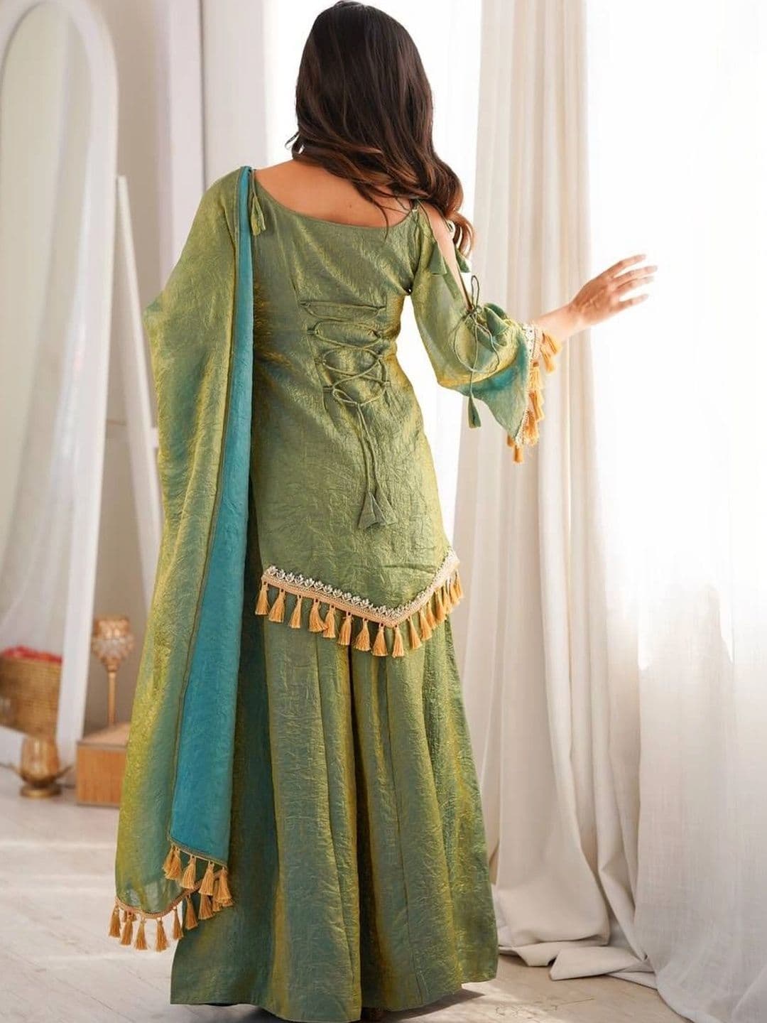 VASTRABELLA Women Regular Gotta Patti Pure Silk Kurta with Sharara & With Dupatta thumbnail 5
