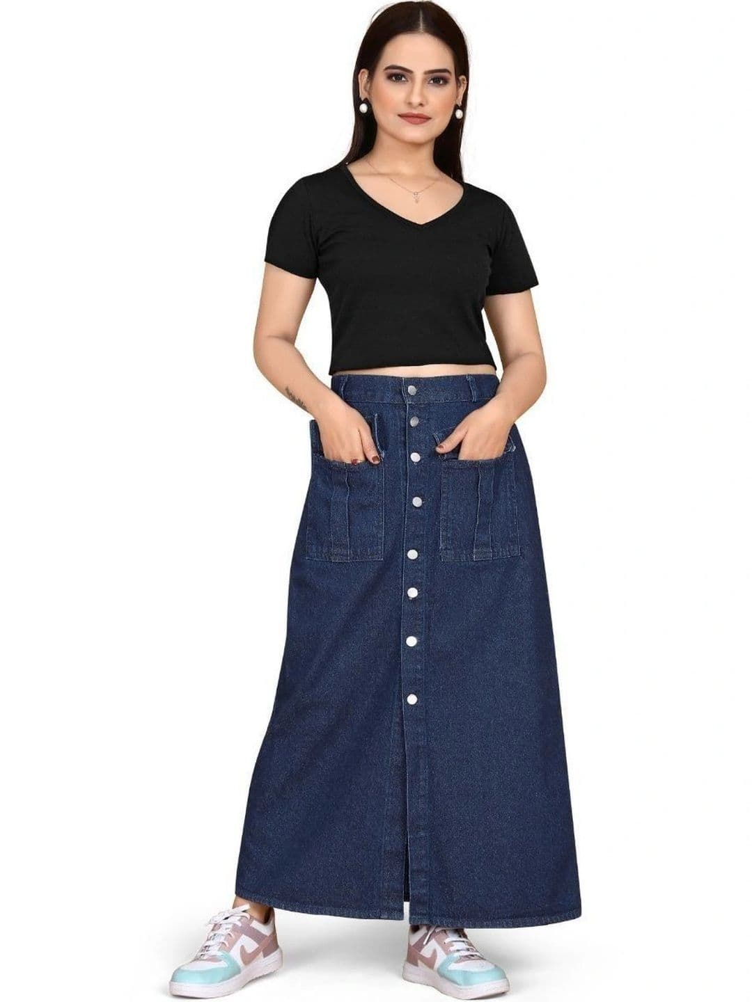 THE SQUAD CLUB Women Denim Front Slit Maxi A-Line Skirt - view 1