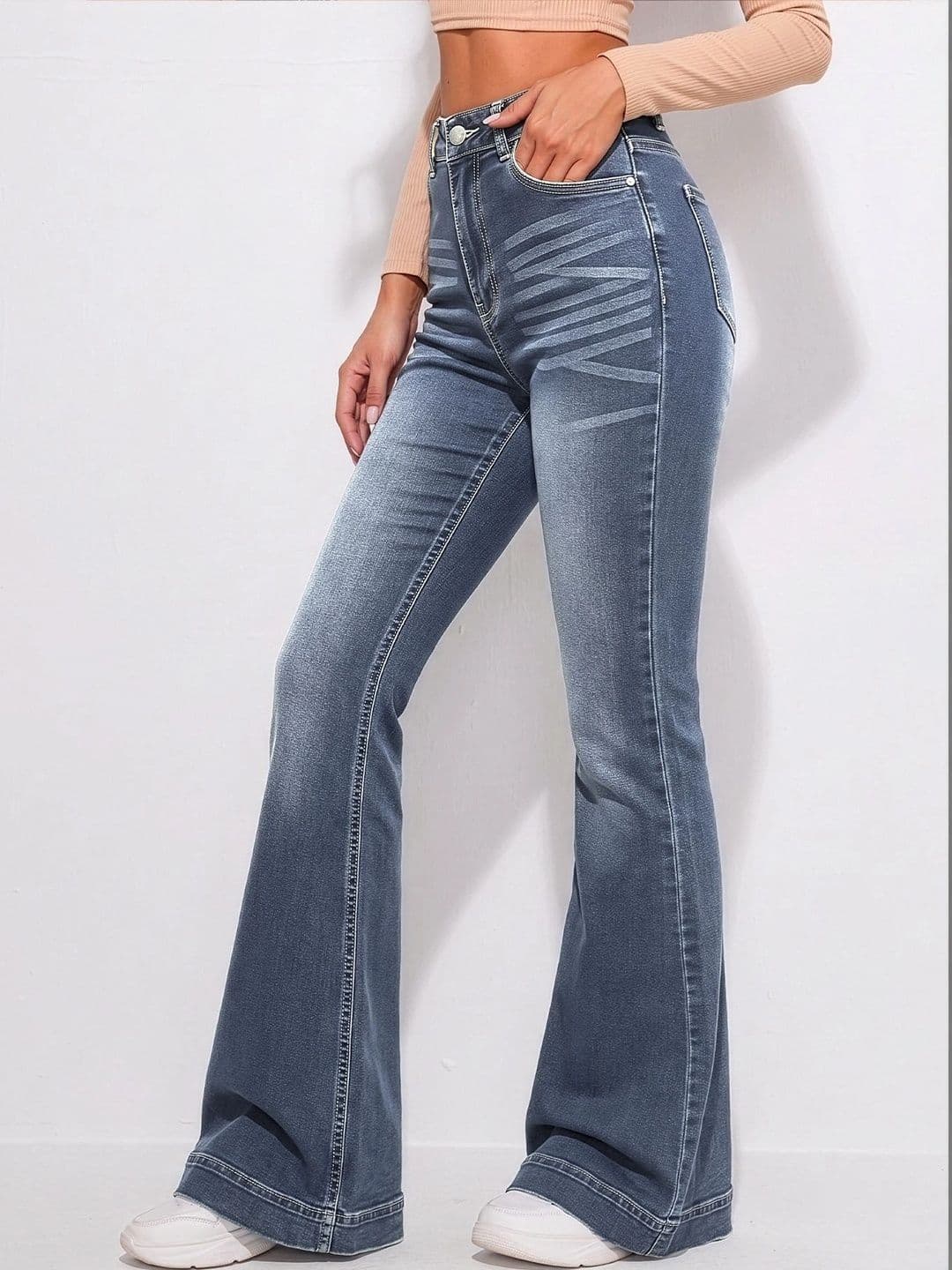 MULVARI Women Slim Fit High-Rise Low Distress Light Fade Stretchable Jeans thumbnail 2
