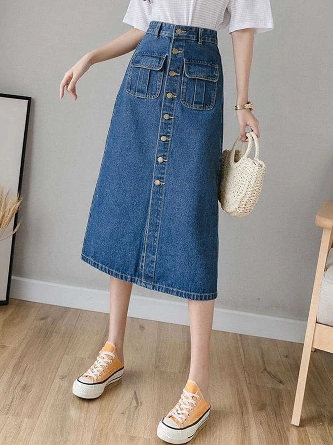 THE SQUAD CLUB Women Denim Front Slit Midi A-Line Skirt - view 1