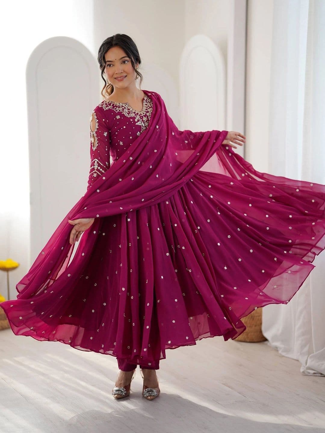 VASTRABELLA Women Ethnic Motifs Angrakha Sequinned Silk Georgette Kurta with Pyjamas & With Dupatta thumbnail 6