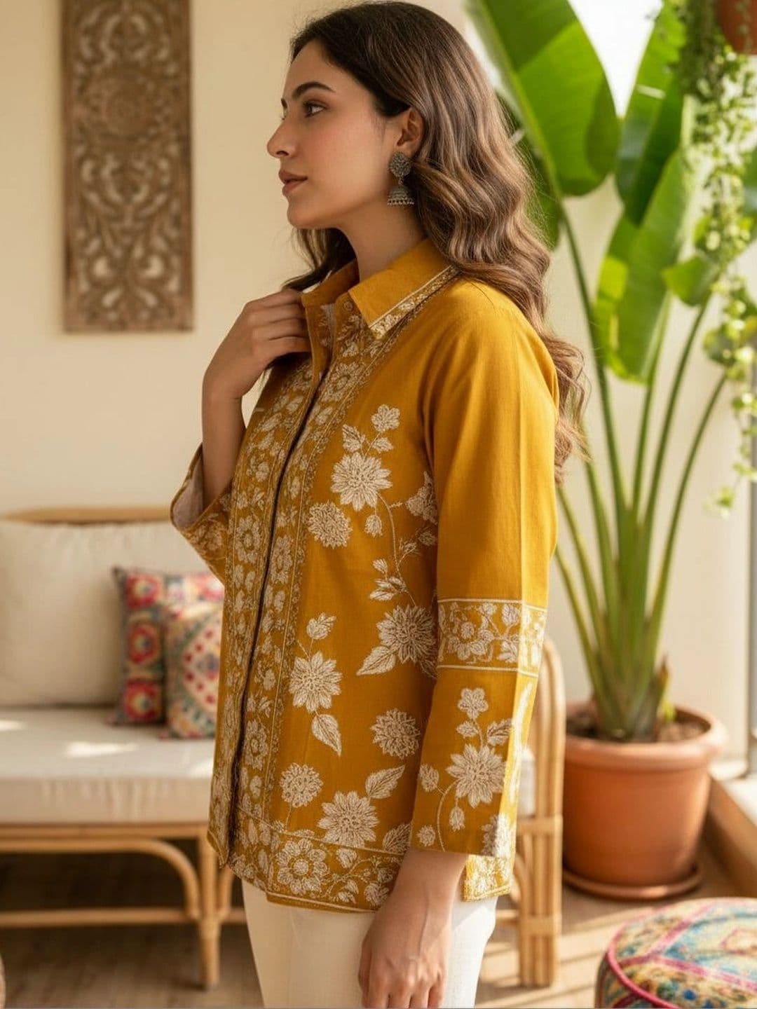 Anouk Floral Embroidered Shirt Collar Thread Work Pure Cotton Blend Thread Work Kurti thumbnail 5