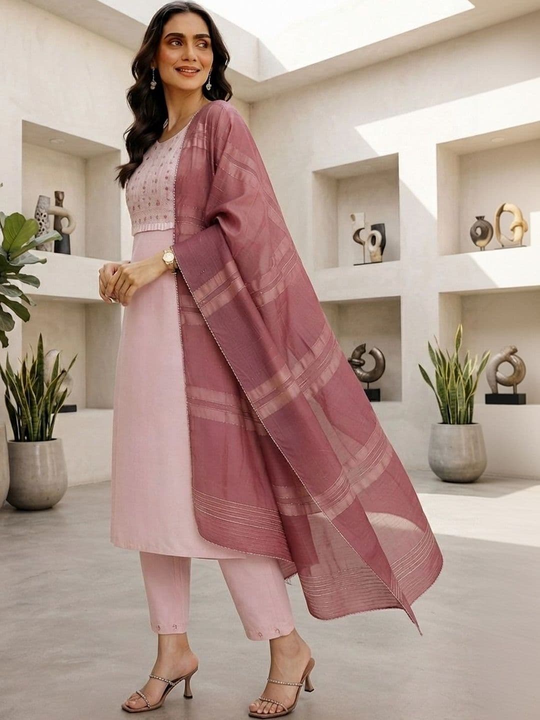 RAJGRANTH Women Ethnic Motifs Embroidered Regular Thread Work Chanderi Cotton Kurta with Trousers & With thumbnail 3