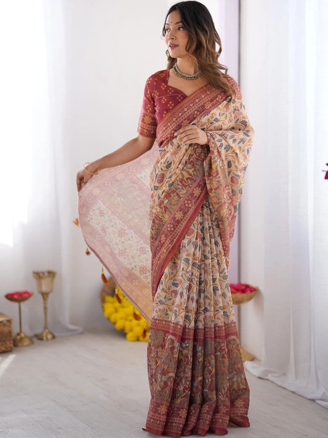 HOUSE OF PRANSHI Kalamkari Linen Blend Jamdani Saree thumbnail 4