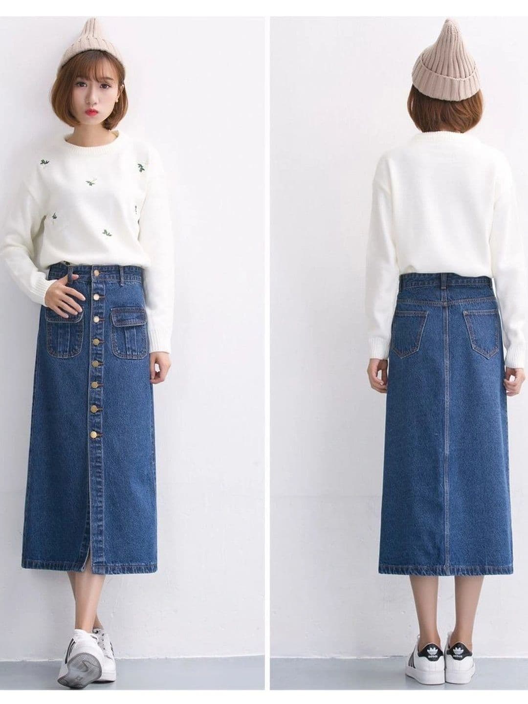 THE SQUAD CLUB Women Denim Front Slit Midi A-Line Skirt thumbnail 3