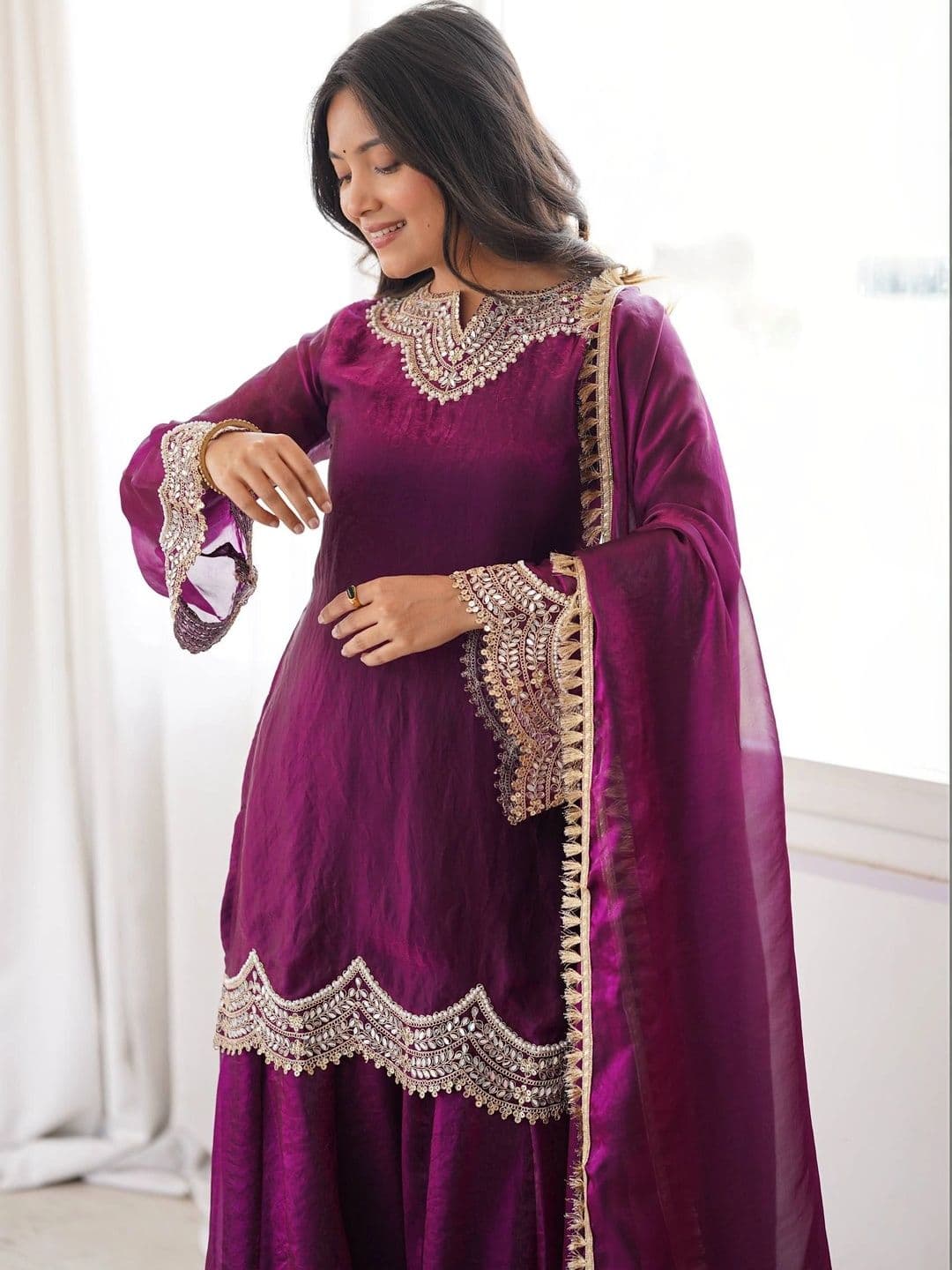 VASTRABELLA Women Ethnic Motifs Embroidered Regular Pure Silk Kurta with Sharara & With Dupatta thumbnail 6