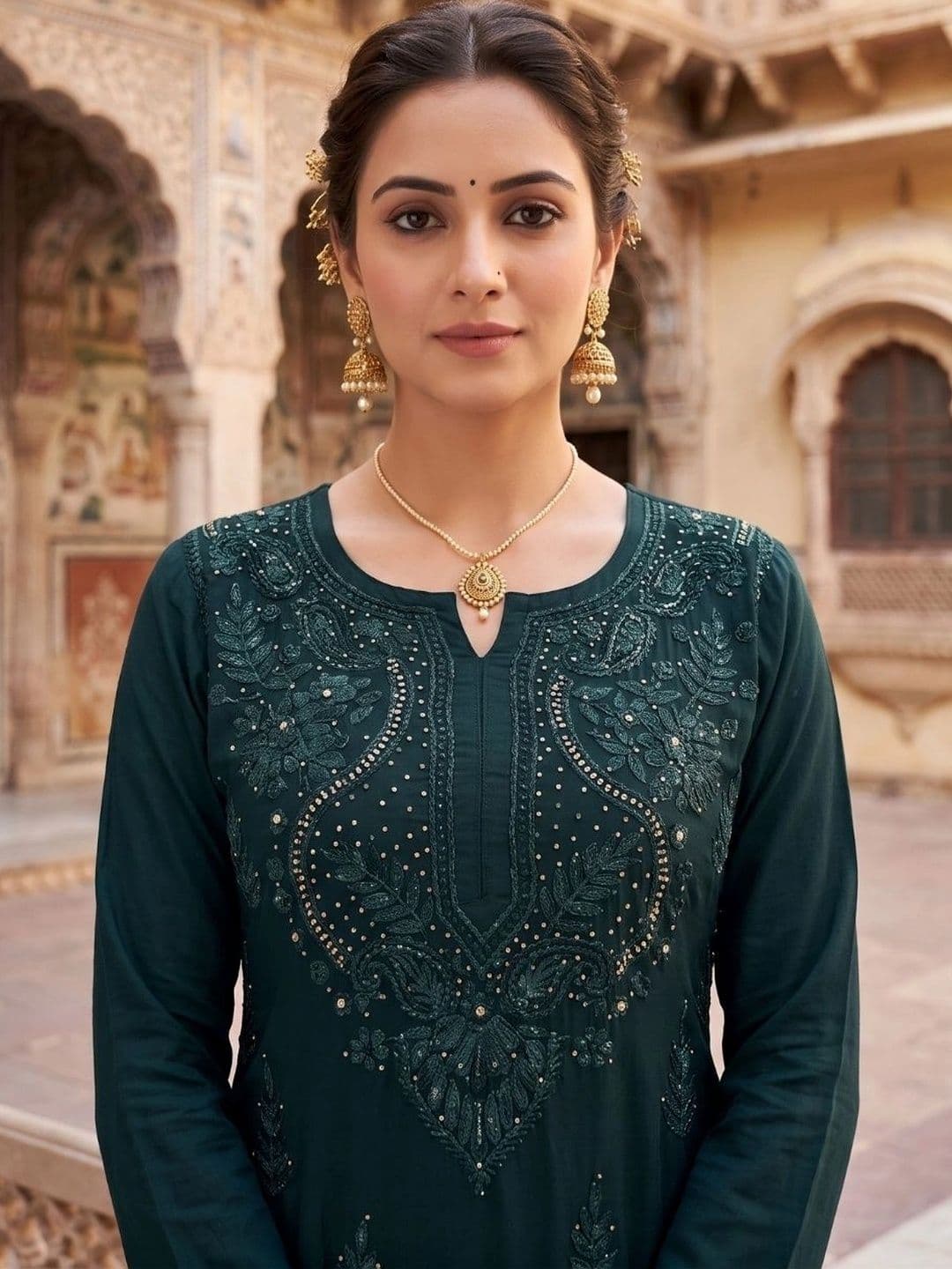 Fashion Chikan Art Women Ethnic Motifs Embroidered Regular Thread Work Kurta with Palazzos thumbnail 7