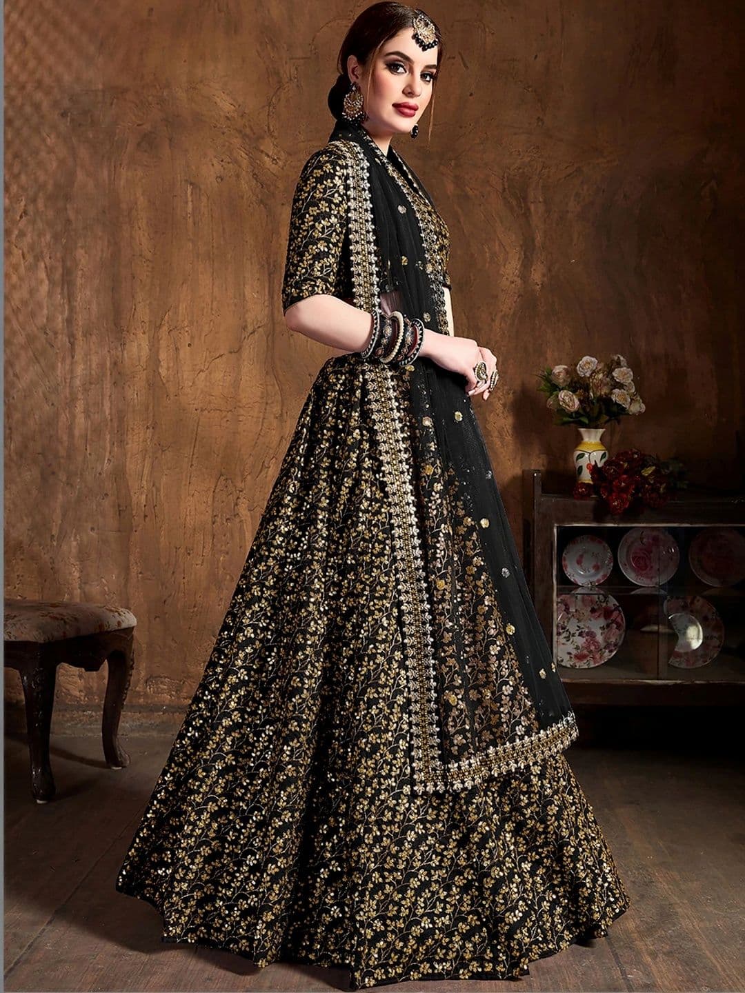 ETHNIC PLUS Embellished Sequinned Semi-Stitched Lehenga & Unstitched Blouse With Dupatta - view 1