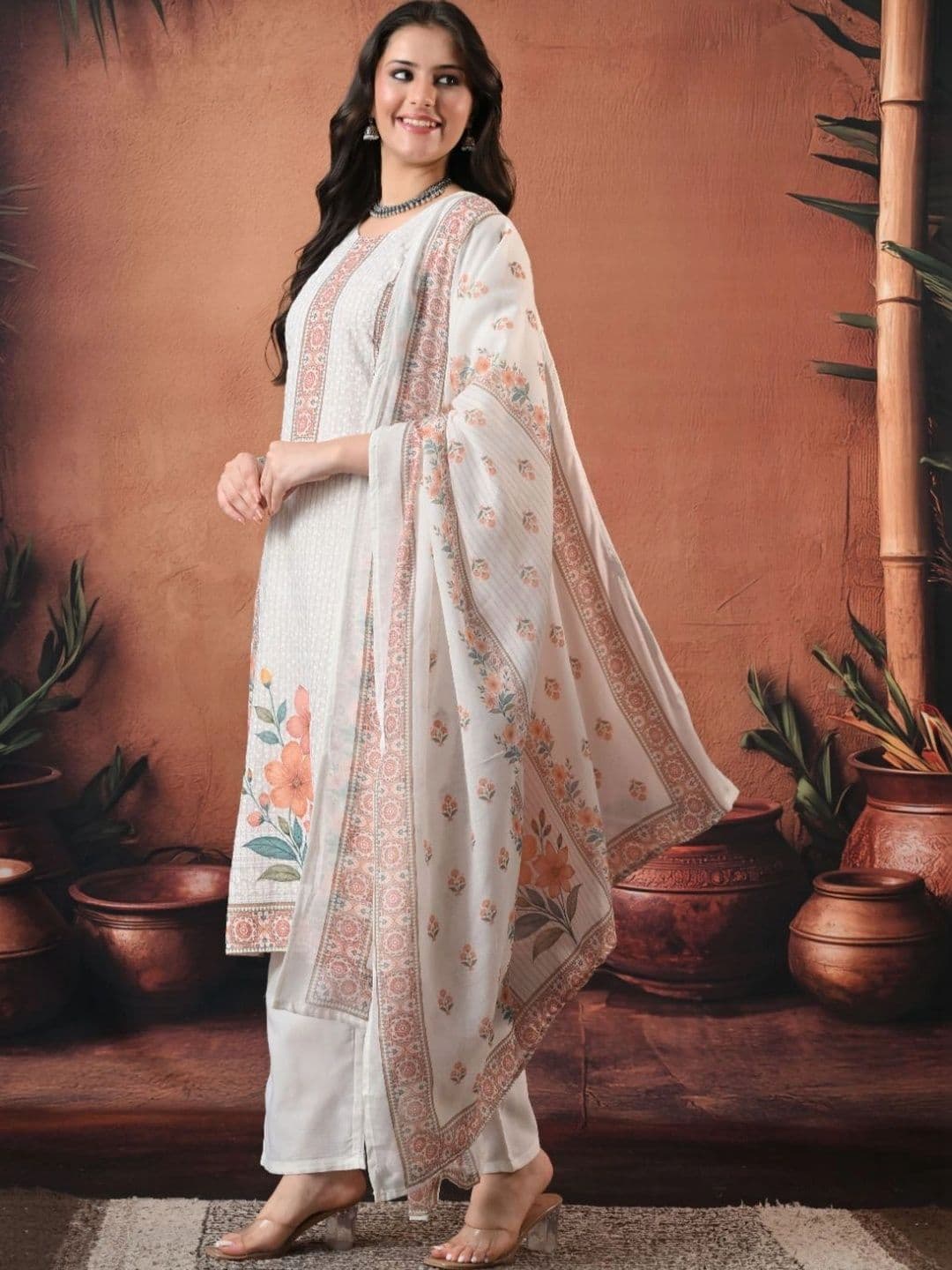 Encourage Women Floral Embroidered Thread Work Pure Cotton Kurta with Palazzos & Dupatta thumbnail 5