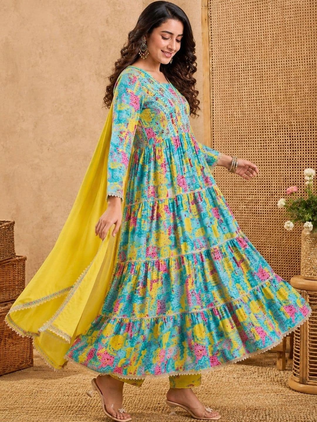 Sangria Printed Mirror Work Anarkali Kurta Set With Tasseled Dupatta thumbnail 6