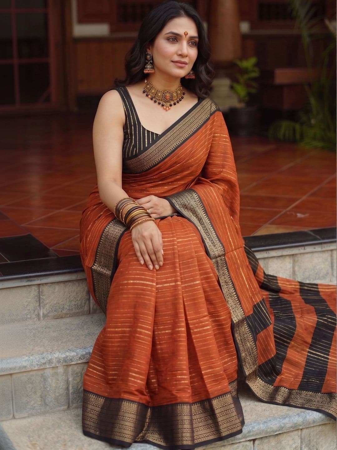 Owee Striped Zari Silk Blend Designer Saree - view 1