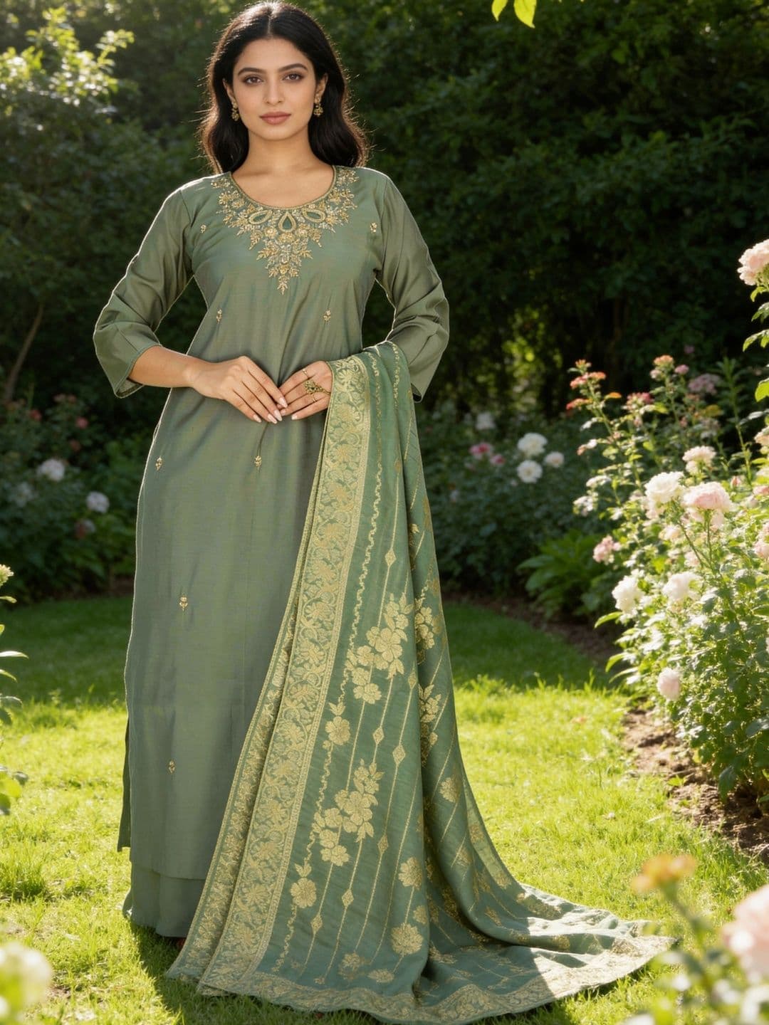 KALINI Women Ethnic Motifs Embroidered Regular Thread Work Kurta with Trousers & With Dupatta - view 1
