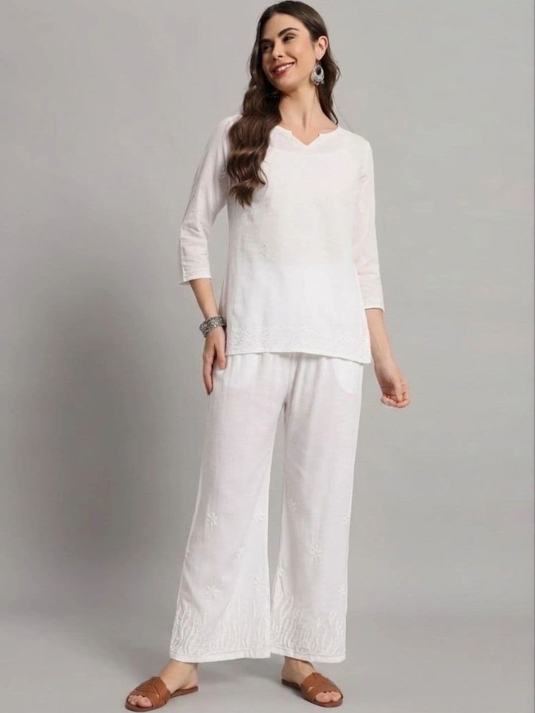 HERE&NOW Women's Chikankari Handloom Embroidered Wide-Leg Palazzos thumbnail 3