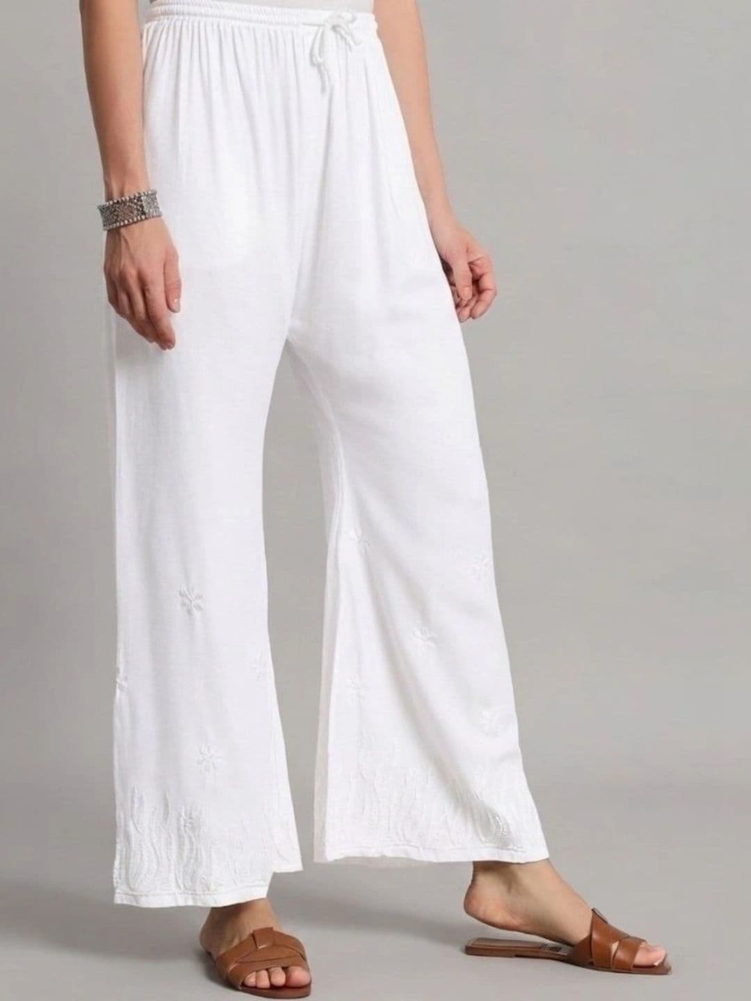 HERE&NOW Women's Chikankari Handloom Embroidered Wide-Leg Palazzos thumbnail 7